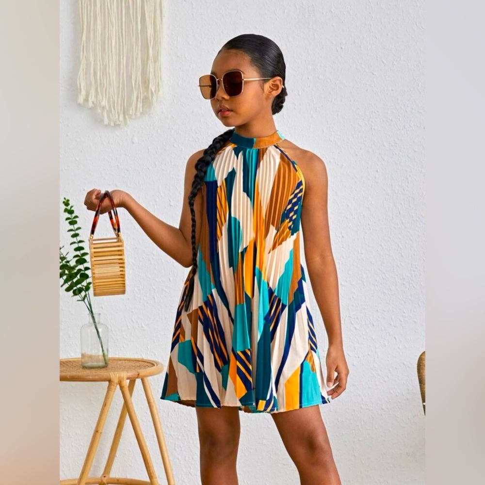 8y girl, Geo Print, Halter Neck, Pleated Swing Dress